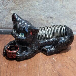 Vintage Black Cat Ceramic Desk Organizer Pen Holder Letter Holder